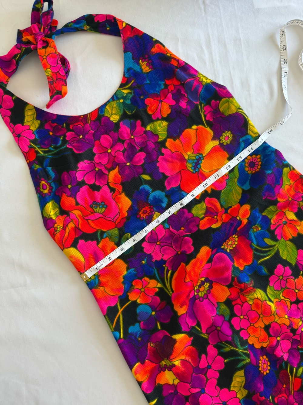 Vintage Vibrant Floral Halter Maxi Dress - Bright Pink & Orange Flowers - Picture 4 of 7